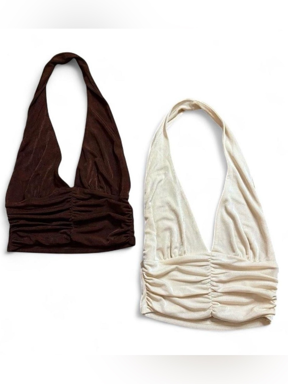 Mixed Threads Bundle 2 Ruched Halter Crop Tops Deep V Neck Brown Cream